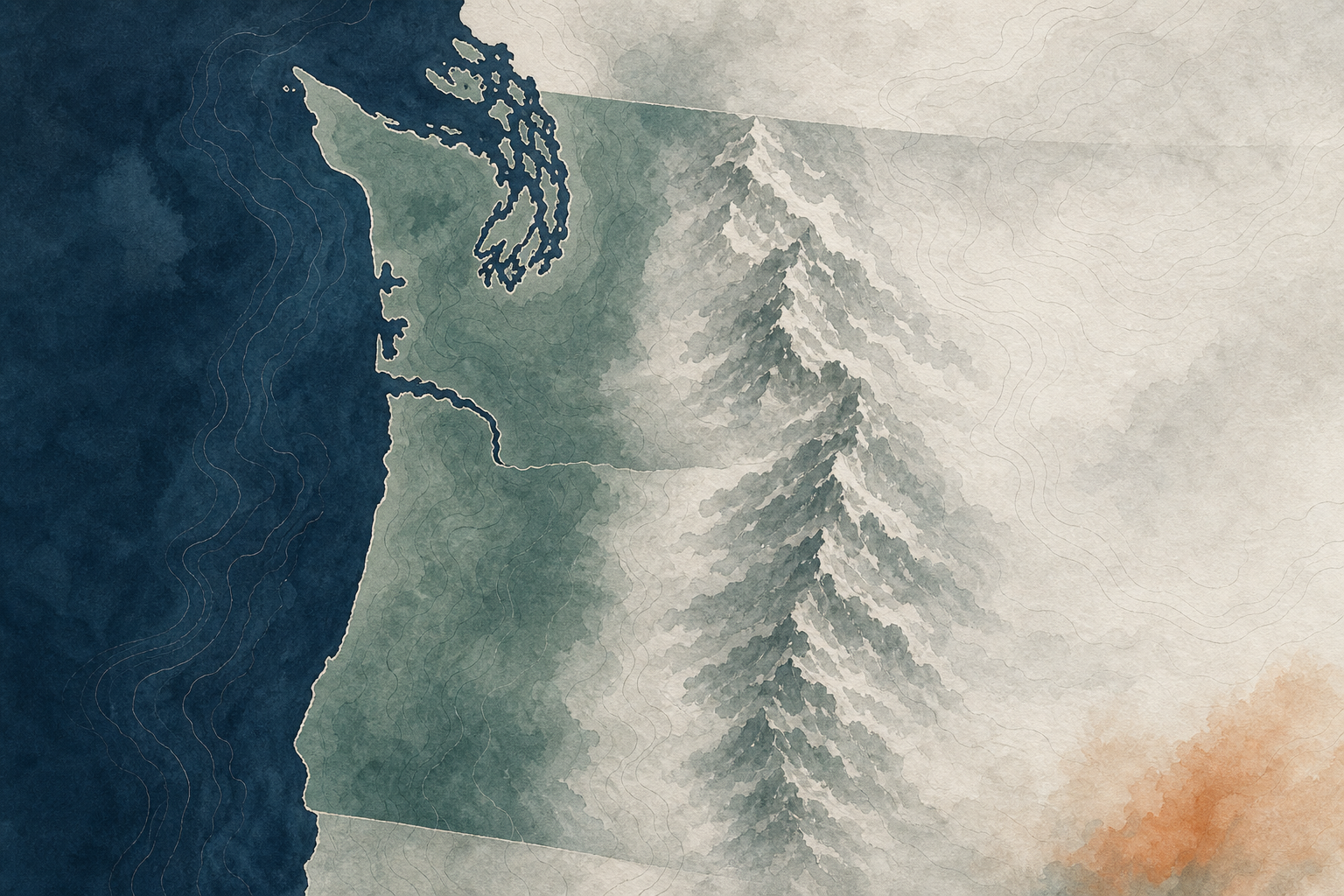 Illustrated terrain map of the Pacific Northwest